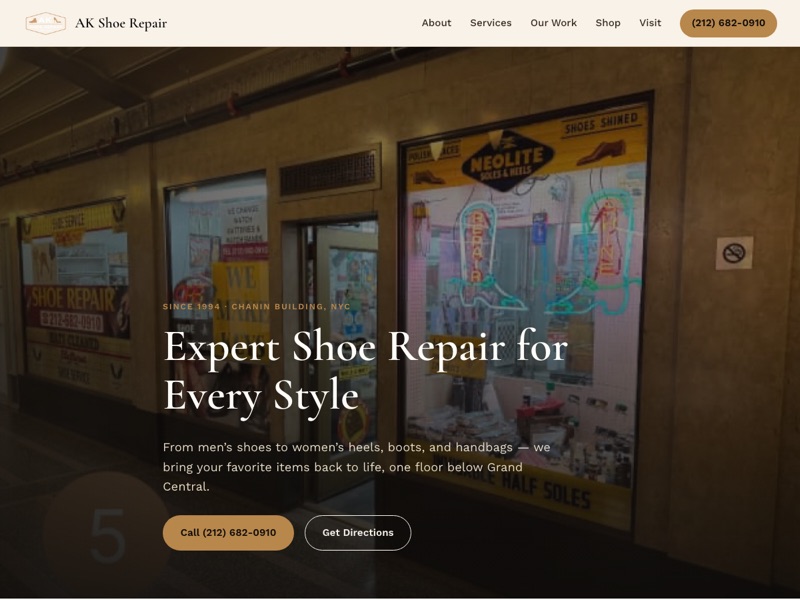 Screenshot of the AK Shoe Repair redesign