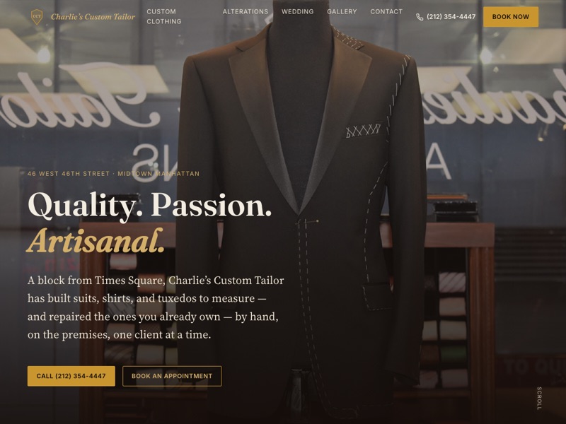 Screenshot of the Charlie's Custom Tailor redesign