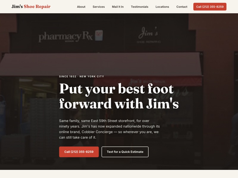 Screenshot of the Jim's Shoe Repair redesign