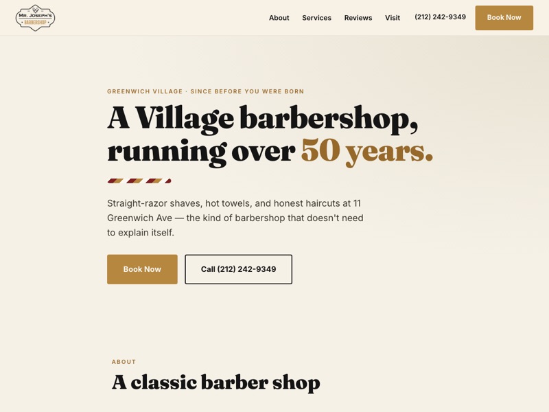 Screenshot of the Mr. Joseph's Barbershop redesign