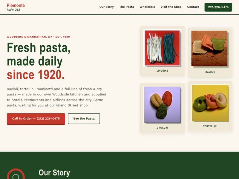 Screenshot of the Piemonte Ravioli redesign