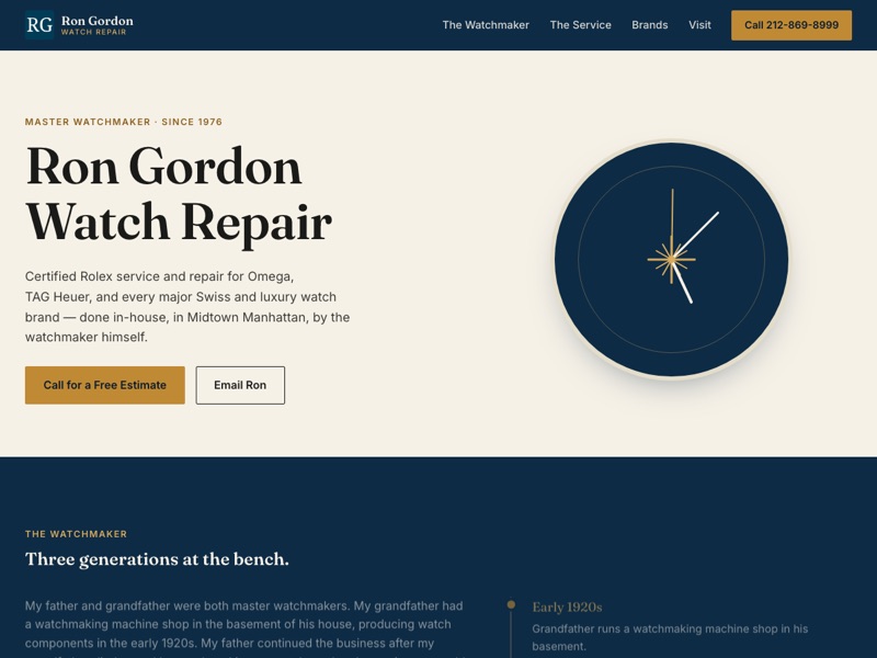 Screenshot of the Ron Gordon Watch Repair redesign