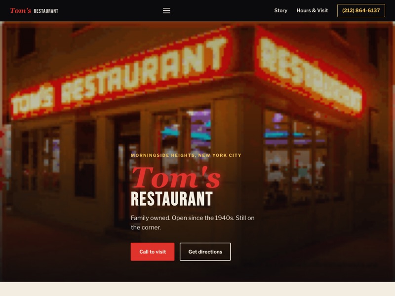 Screenshot of the Tom's Restaurant redesign