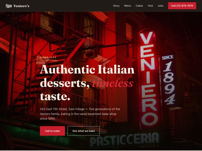 Screenshot of the Veniero's Pasticceria & Caffè redesign