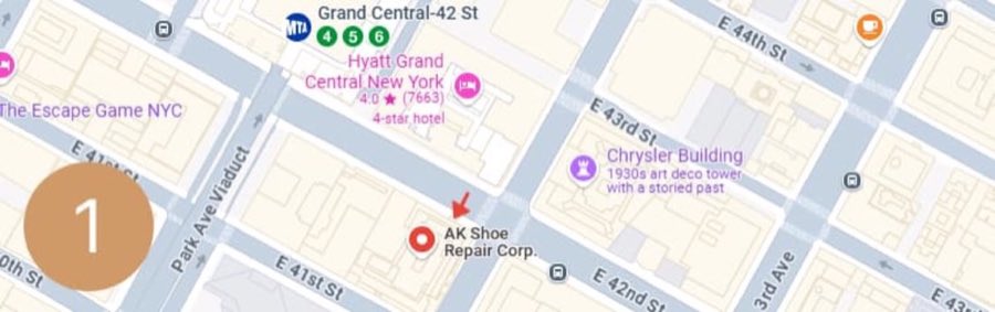 Map showing AK Shoe Repair's location next to Grand Central Terminal and the Chrysler Building