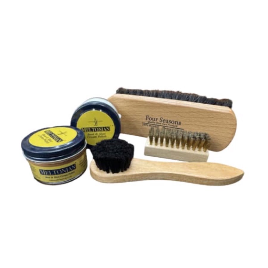 Wooden shoe brushes and two tins of shoe cream polish