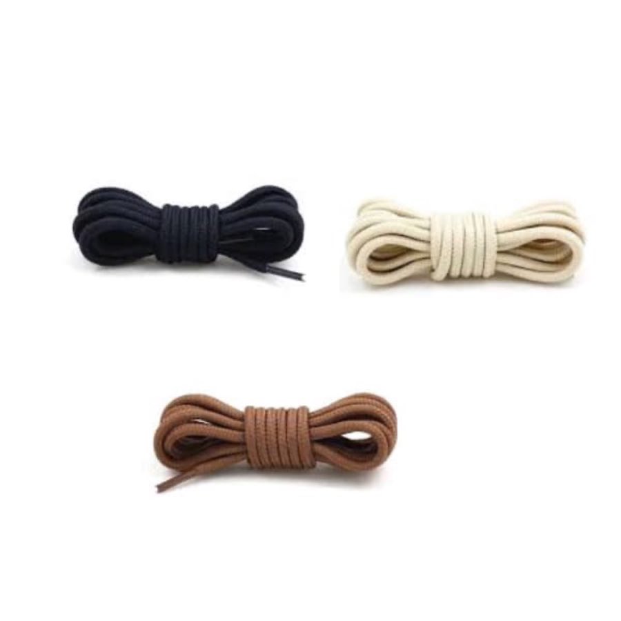 Three pairs of shoe laces in black, cream, and brown