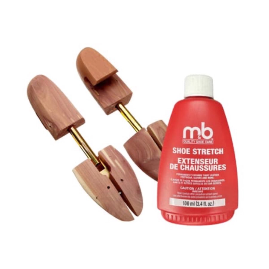 Cedar shoe stretchers and a bottle of shoe-stretch spray