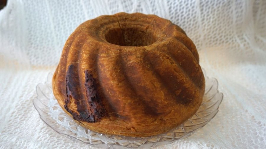 Bundt-style ring cake on a paper doily