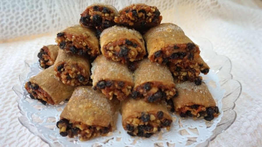 Plate of rugelach pieces stacked pyramid-style