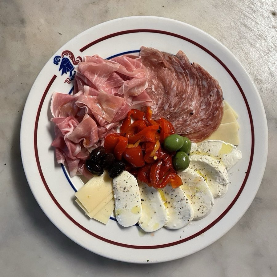 An antipasto platter with cured meats, cheese and olives