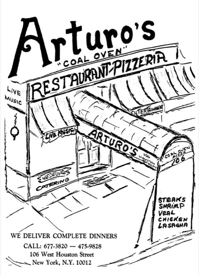 Hand-drawn illustration of Arturo's storefront awning reading "Arturo's Coal Oven Restaurant-Pizzeria"