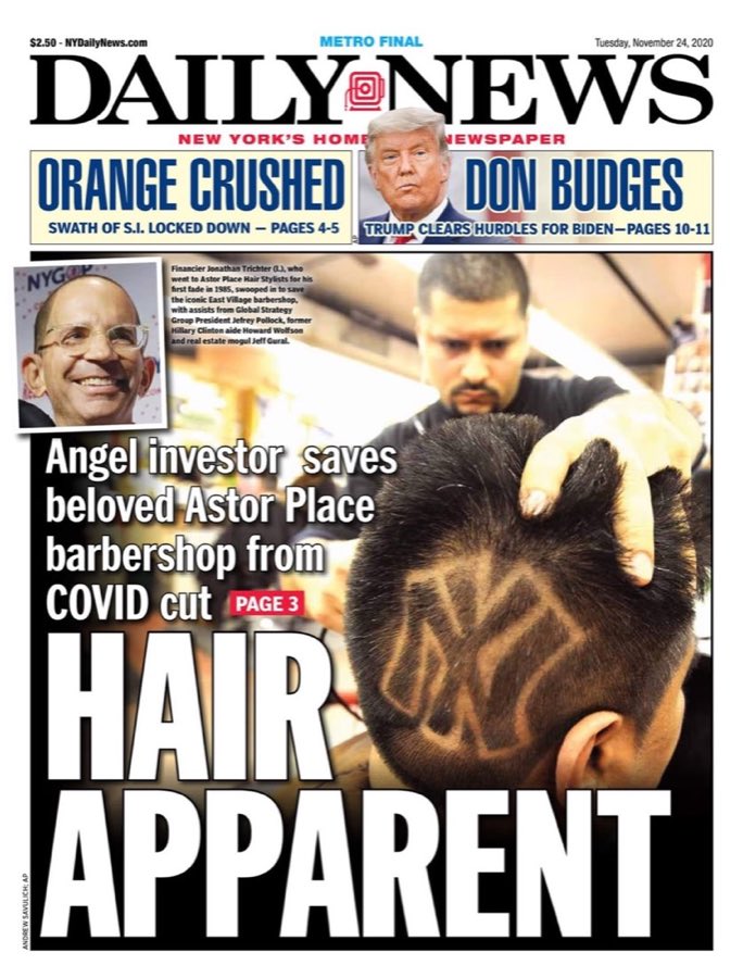 New York Daily News front page from November 24, 2020, headlined HAIR APPARENT, reporting that an angel investor saved the beloved Astor Place barbershop from a COVID cut