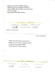 A handwritten thank-you note from a customer, sent to DRS NY after a repair