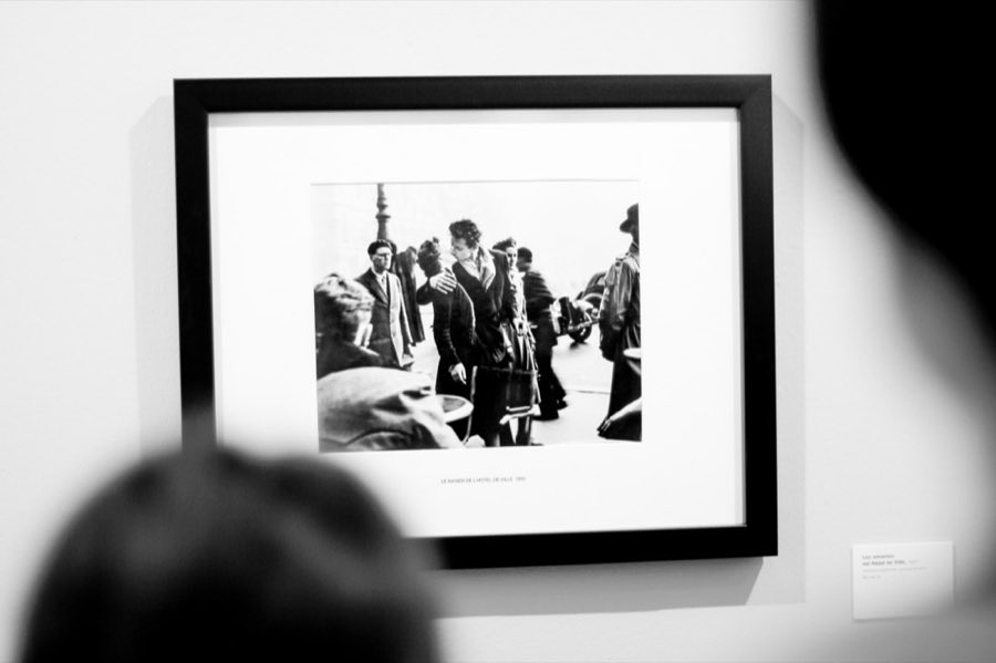 A framed black-and-white reproduction photograph on display