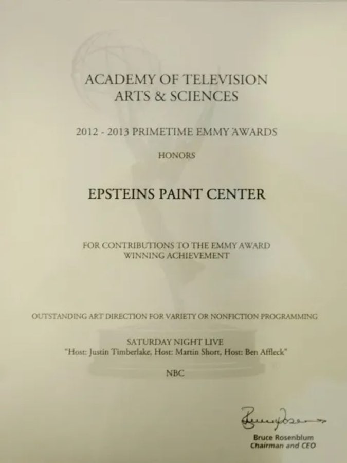 Photographed Academy of Television Arts and Sciences certificate honoring Epsteins Paint Center for contributions to Saturday Night Live's 2012-2013 Primetime Emmy Award for Outstanding Art Direction, signed by Bruce Rosenblum, Chairman and CEO