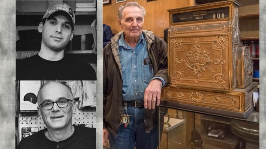 Portraits of the family shoemakers who have run Jim's across generations, alongside a photo of an owner beside the shop's antique brass cash register