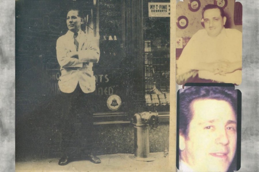 Sepia photograph from the shop's early years: a man in a white suit stands arms crossed in front of the original storefront, its glass painted with SHOE REPAIR CLEANED