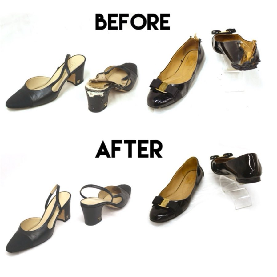 Before: a Chanel slingback heel with a torn heel cap, and a black patent Ferragamo flat with a worn sole and interior