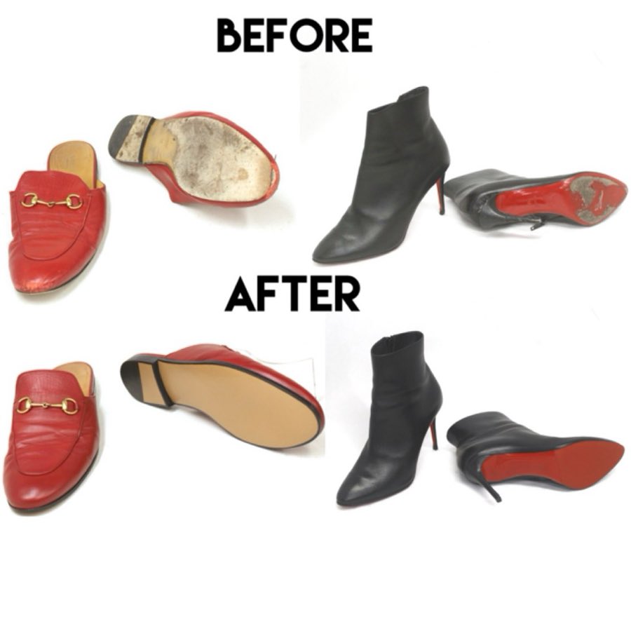 Before: a red Gucci horsebit mule with a filthy worn sole, and black Christian Louboutin ankle boots with a worn red sole