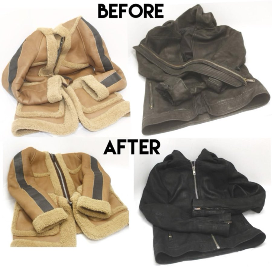 Before: a faded tan shearling-lined leather jacket and a dull, aged olive suede moto jacket