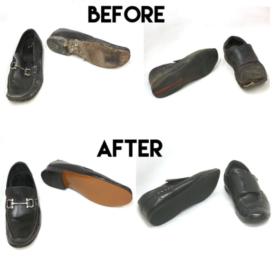 Before: a bit loafer with a badly worn, detaching sole, and a black loafer with a split toe
