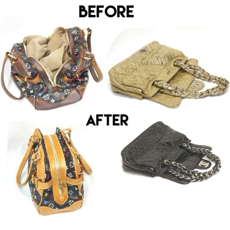 Before: a multicolor Louis Vuitton bag with cracked leather trim, and a tan Chanel quilted bag with worn, scuffed patent leather