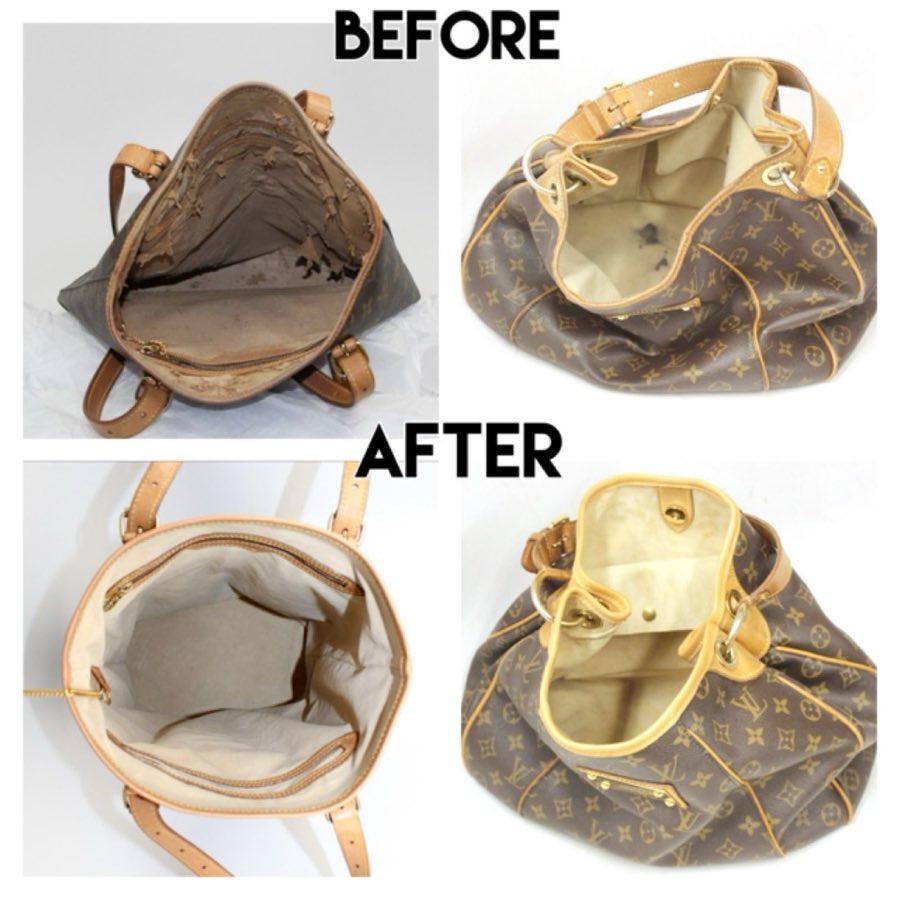 Before: a Louis Vuitton Monogram tote with a torn, stained interior lining
