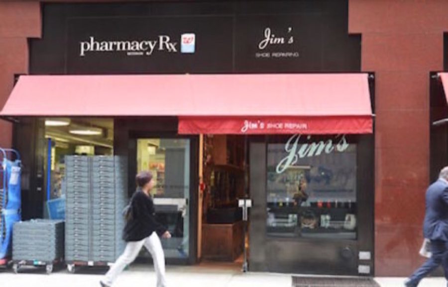 The real Jim's Shoe Repair storefront on East 59th Street, with a red canvas awning reading Jim's Shoe Repair and mint script signage on the dark fascia above