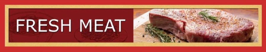 Fresh Meat department banner: a seasoned raw cut of meat with rosemary on a wood board