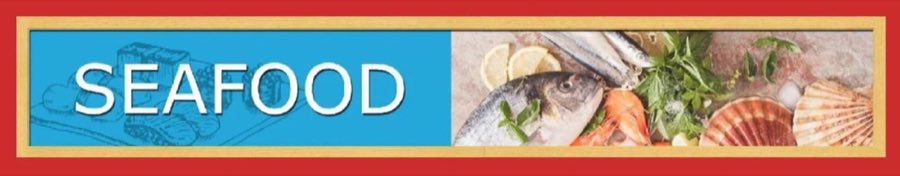 Seafood department banner: whole fish, shrimp, and scallops on ice with lemon and fresh herbs