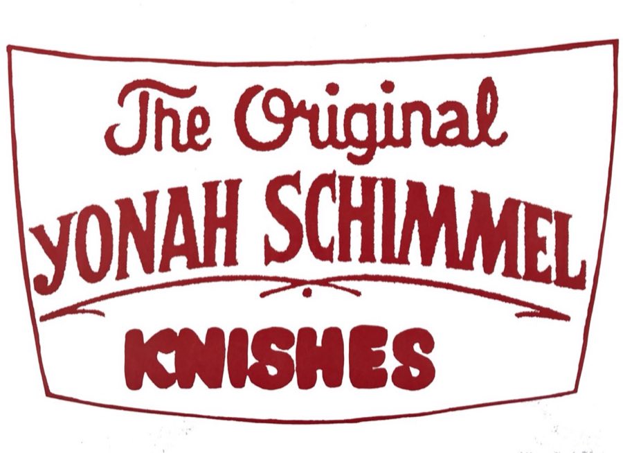 Hand-painted Yonah Schimmel Knishes wordmark art, navy and red lettering on white
