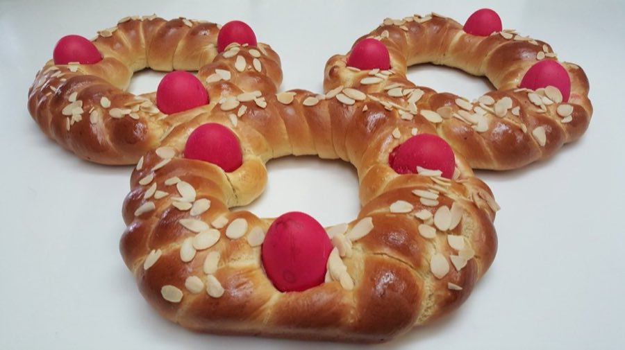 Easter bread with red eggs