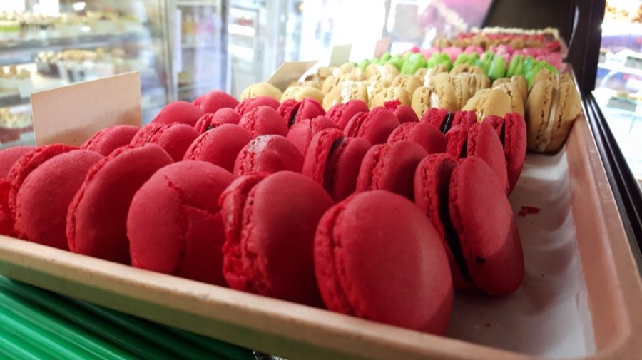 Rows of red French macarons