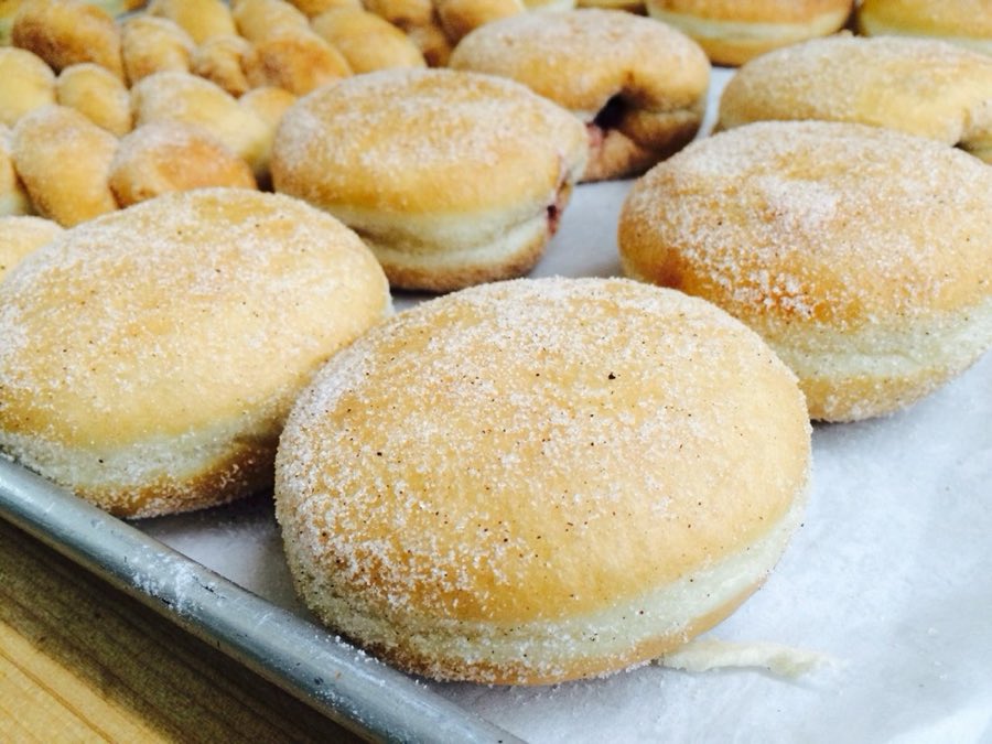 Fresh sugar donuts on a bakery tray