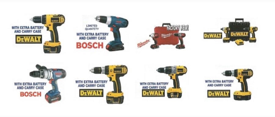 Cordless drills from DeWalt, Bosch, and Milwaukee, each with an extra battery and carry case