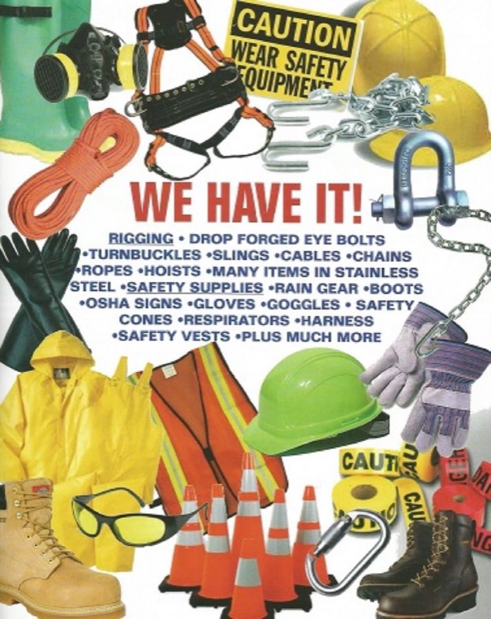 Safety and rigging gear: respirators, harnesses, hard hats, rope, chains, gloves, boots, cones and safety vests