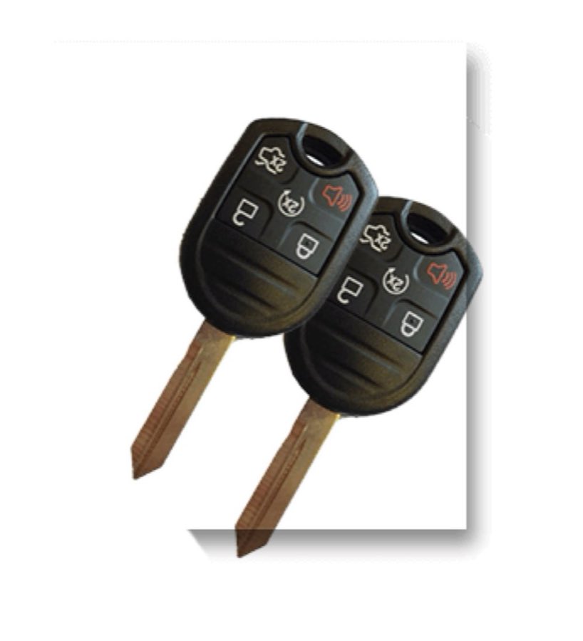 Two duplicate car key fobs photographed on a white background