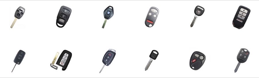A row of twelve different car key and remote fob styles on a white background