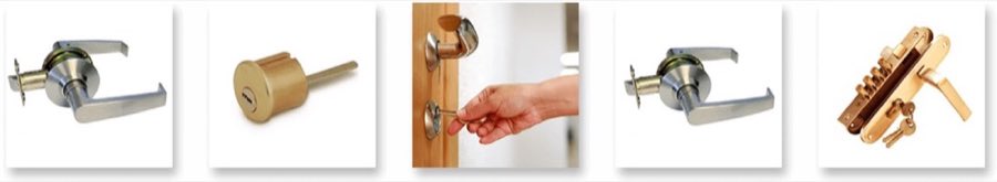 Grid of residential door lock hardware: lever handles, a deadbolt cylinder, a mortise lock set, and a hand rekeying a lock