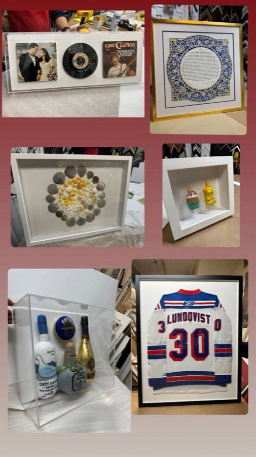 A selection of custom framing completed at NYC Frames: a signed New York Rangers jersey (Lundqvist, #30) in a black frame, a gold-framed ketubah with blue floral border art, a shadow box of shells, a shadow box of small figurines, a shadow-box triptych with a wedding photo and a Eric Clapton record, and a display case of miniature plush liquor bottles