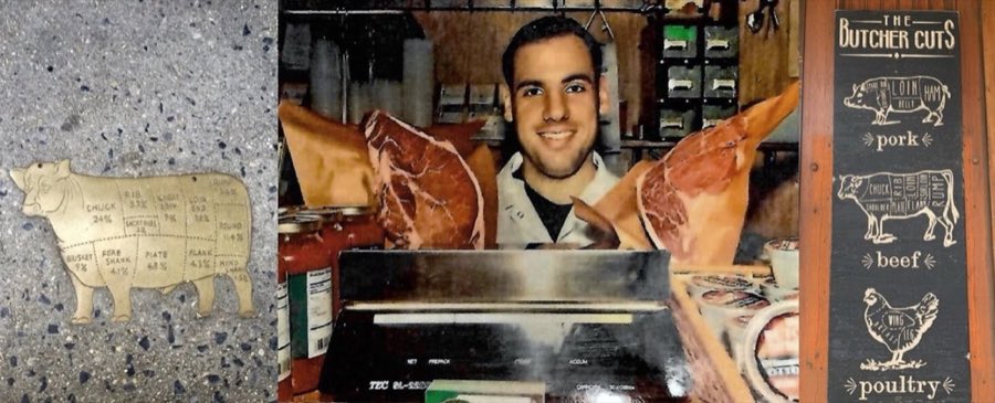 Butcher-cut diagrams for beef and pork beside a butcher holding large cuts of meat, under a hand-lettered The Butcher Cuts sign