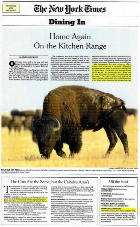 A New York Times Dining In clipping headlined Home Again On the Kitchen Range, quoting Nick Ottomanelli and listing the shop as a source for buffalo meat