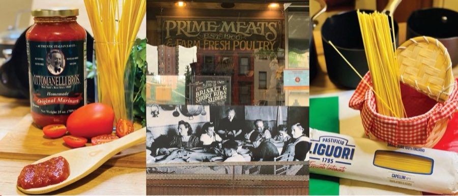 A jar of Ottomanelli Bros. Homemade Original Marinara with fresh tomatoes and pasta, the Prime Meats storefront sign, and a gingham-lined basket of capellini