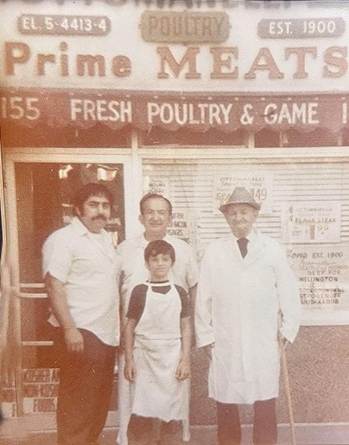 A sepia wedding portrait of the early Ottomanelli couple, a bronze memorial plaque, and a vintage photograph of four generations posing outside the Prime Meats storefront