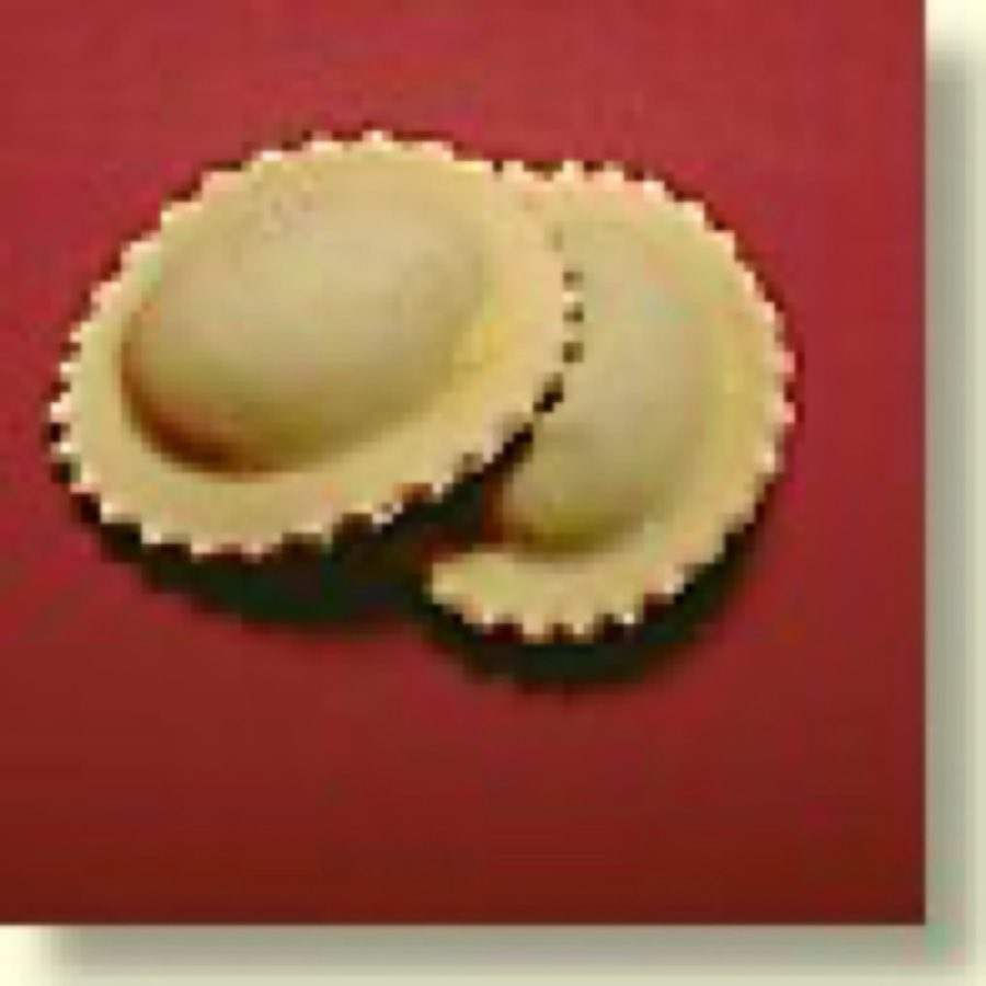 Two triangular scalloped panzotti on a red background