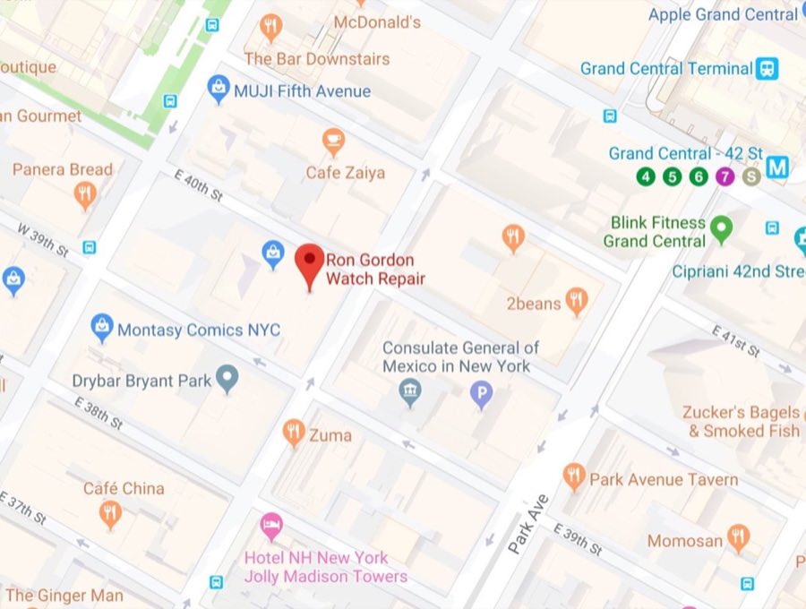 Map showing Ron Gordon Watch Repair's location on Madison Avenue near 40th Street and Grand Central Terminal, Midtown Manhattan
