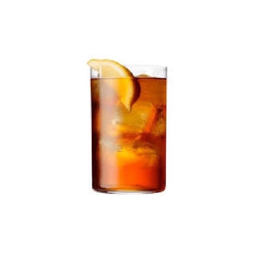 A glass of iced tea with a lemon wedge