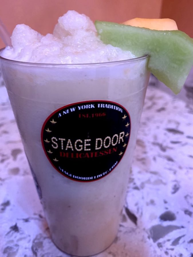 A frozen Muscleman smoothie in a branded Stage Door cup