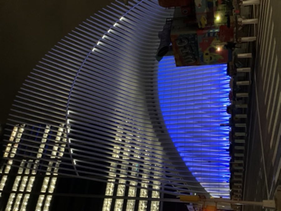 Blue-lit architectural facade photographed at night near the World Trade Center